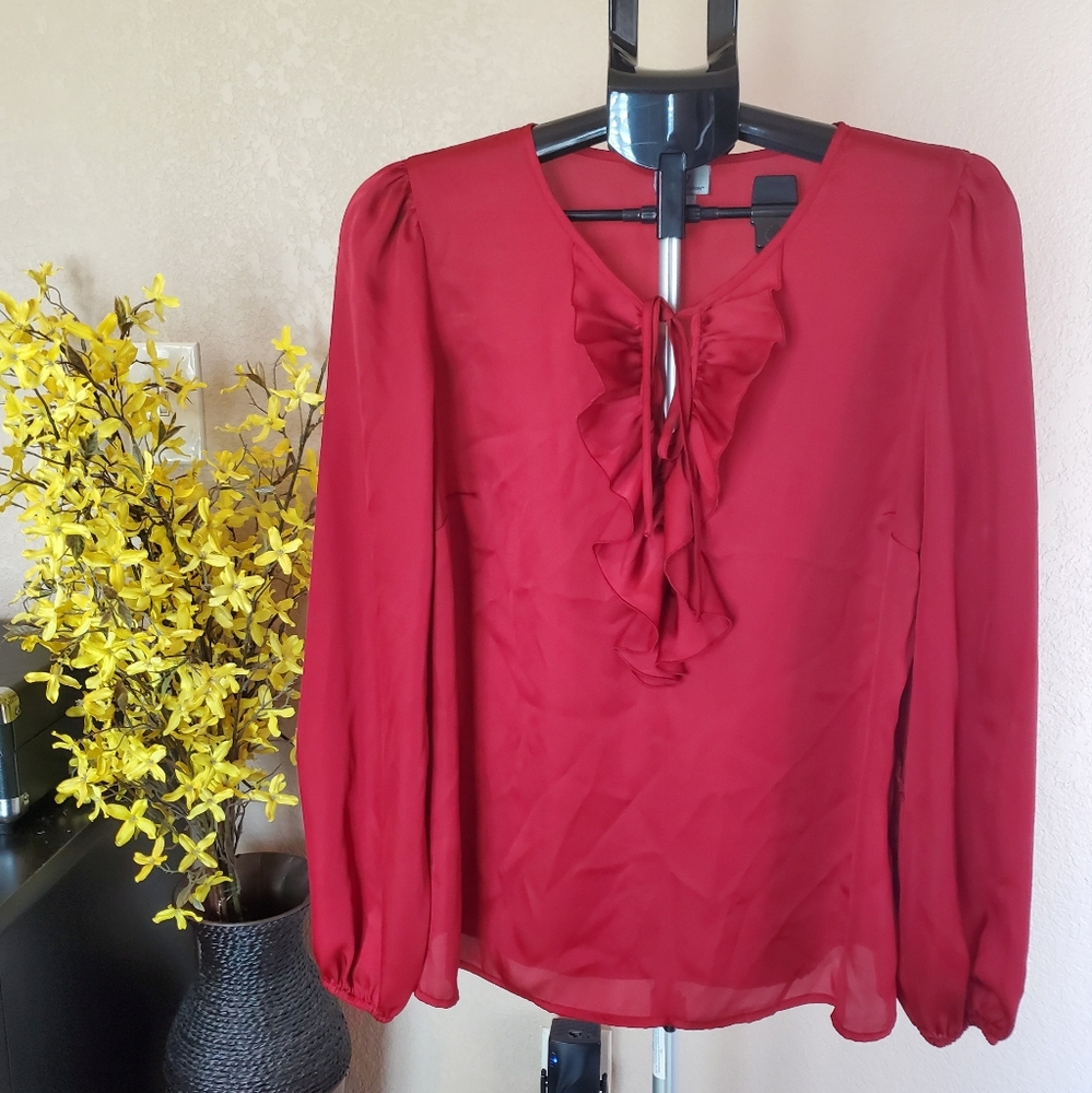 long sleeve ruffle neck silk shirt